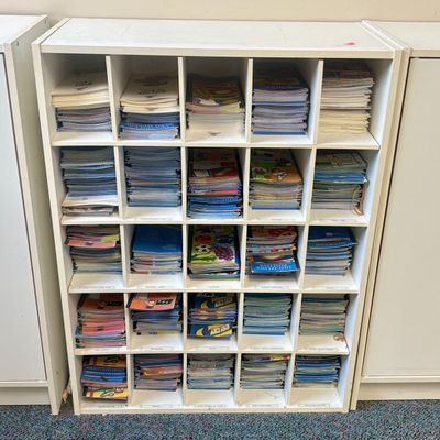 Sale Photo Thumbnail #211: White Laminate Twenty-Five Compartment Cubby Shelf Unit with Assorted Parenting Literature