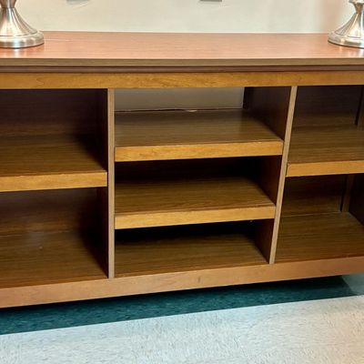 Sale Photo Thumbnail #280: Contemporary Wood Veneer Three-Section Low Bookcase or Media Console