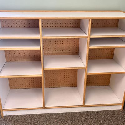 Sale Photo Thumbnail #44: Multi-Compartment Laminate and Wood Cubby Storage Unit with Pegboard Back