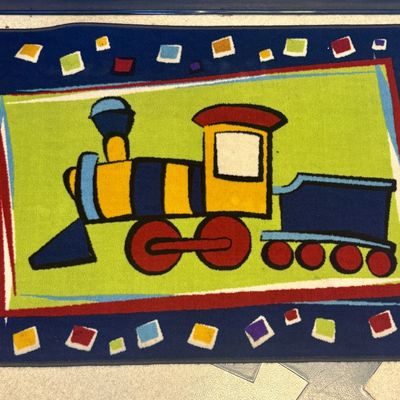 Sale Photo Thumbnail #151: Children's Area Rug Featuring a Steam Locomotive and Multi-Colored Square Motif