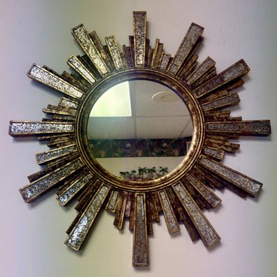 Sale Photo Thumbnail #115: Sunburst Wall Mirror with Distressed Gilt Finish and Antiqued Mirror Insets