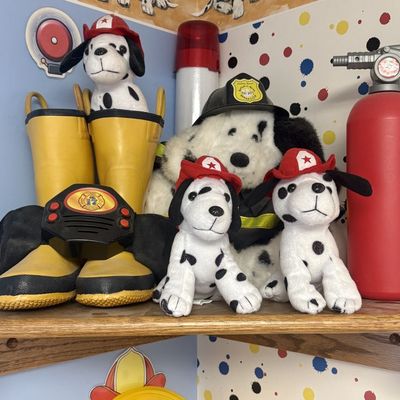 Sale Photo Thumbnail #142: Build-A-Bear Workshop Dalmatian Plush and Firefighter Themed Toy Collection with Wooden Corner Shelf