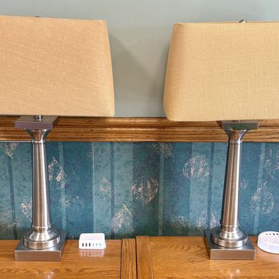 Sale Photo Thumbnail #37: A Pair of Contemporary Brushed Metal Tapered Column Table Lamps