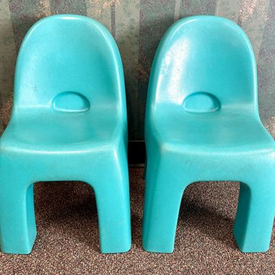 Sale Photo Thumbnail #50: A Pair of Fisher-Price Teal Molded Plastic Stackable Children's Chairs
