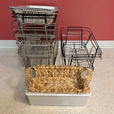 Sale Photo Thumbnail #241: A Collection of Catering and Buffet Service Supplies Including Wire Chafing Dish Stands and Aluminum Foil Pans