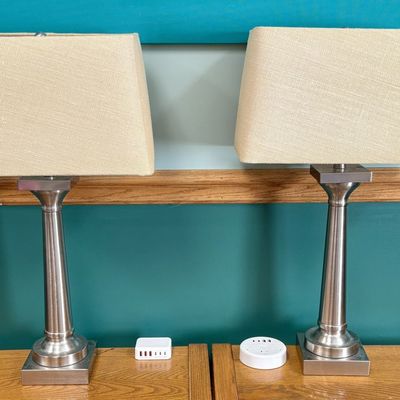 A Pair of Contemporary Brushed Nickel Table Lamps with Rectangular Linen Shades