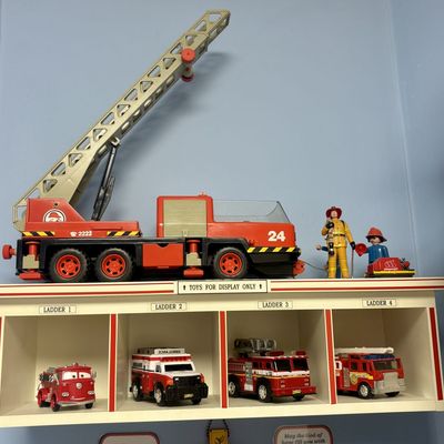 Sale Photo Thumbnail #139: A Collection of Playmobil and Road Rippers Toy Fire Rescue Vehicles and Custom Display Shelf