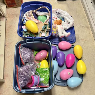 Sale Photo Thumbnail #290: An Assortment of Easter Seasonal Decorations including Grand Venture Inc Jumbo Eggs and Disney Plush Toys