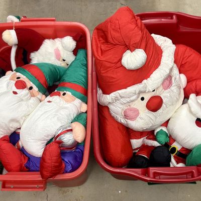 Sale Photo Thumbnail #309: An Assortment of Oversized Plush Holiday Figures and Artificial Greenery in Rubbermaid Storage Totes