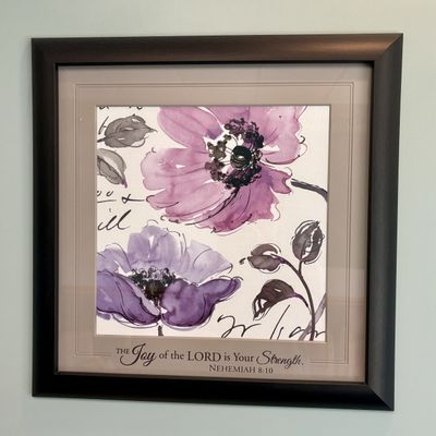 Sale Photo Thumbnail #39: Square Framed Floral Watercolor Style Print with Nehemiah 8:10 Verse