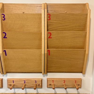 Sale Photo Thumbnail #77: A Set of Four Wall Mounted Oak File Organizers and Peg Racks