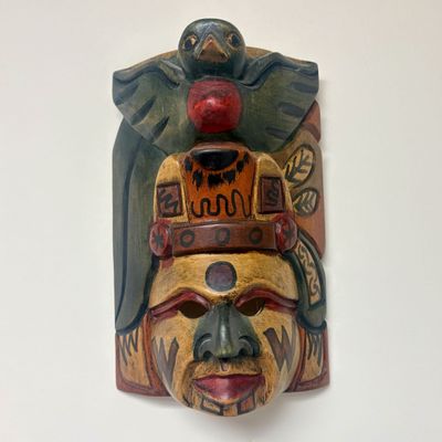 Sale Photo Thumbnail #124: Hand-Carved and Painted Polychrome Wooden Folk Art Mask with Mayan and Aztec-Inspired Motifs