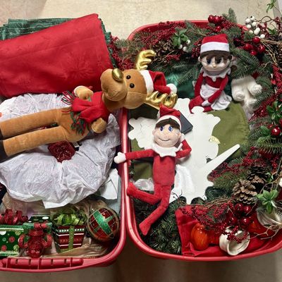 Sale Photo Thumbnail #306: An Assortment of Contemporary Christmas Decorations and Holiday Items with Two Large Storage Totes
