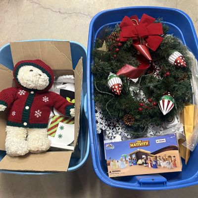 Sale Photo Thumbnail #301: ASSORTMENT OF CHRISTMAS AND HOLIDAY DECORATIONS INCLUDING BIBLETOYS NATIVITY SET AND STORAGE BINS