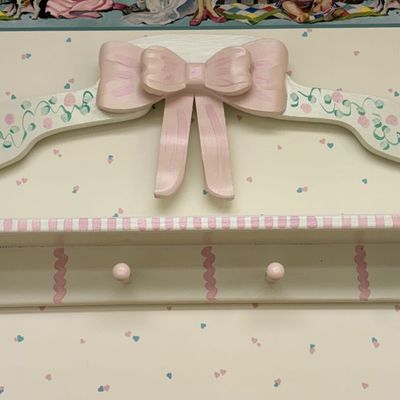 Sale Photo Thumbnail #61: Hand-Painted Decorative Wooden Nursery Wall Shelf with Four Hanging Pegs
