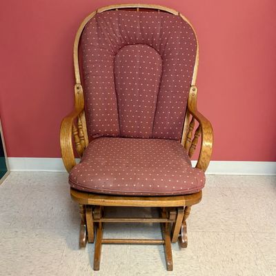 Sale Photo Thumbnail #237: Solid Oak Spindle Back Glider Rocking Chair with Burgundy Micro Floral Upholstery
