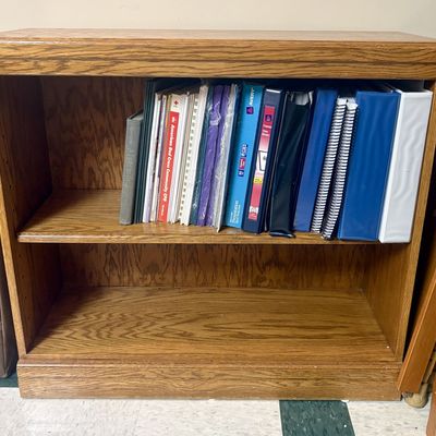 Sale Photo Thumbnail #287: Low Profile Oak Veneer Two-Shelf Bookcase