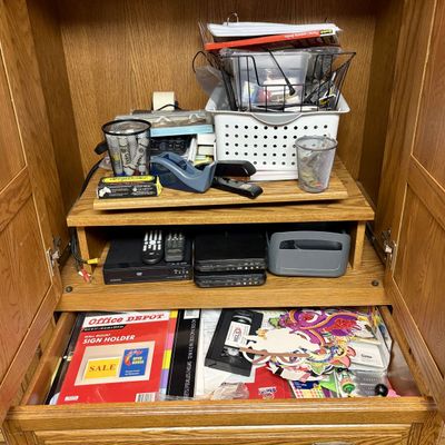 Sale Photo Thumbnail #271: An Assortment of Office Supplies and Consumer Electronics including Sony and Magnavox DVD Players