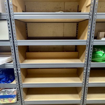 Sale Photo Thumbnail #331: A Trio of Custom-Modified Grey Steel Boltless Shelving Units with Integrated Wooden Partitions