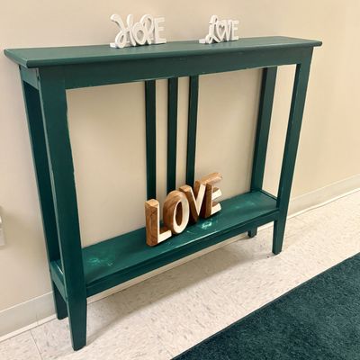 Sale Photo Thumbnail #250: Contemporary Narrow Teal Painted Wood Console Table with Lower Shelf
