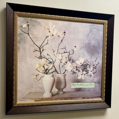 Sale Photo Thumbnail #72: Framed Magnolia Still Life Print with 2 Thessalonians 3:16 Scripture Verse
