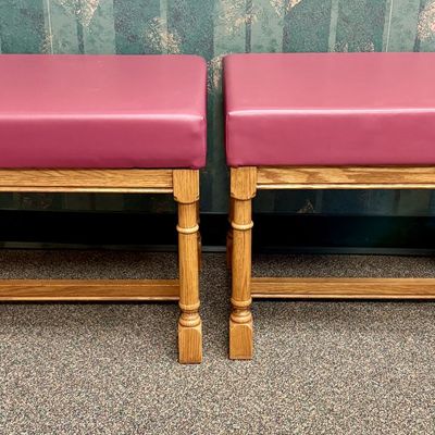 Sale Photo Thumbnail #28: A Pair of Oak Benches with Burgundy Vinyl Seats