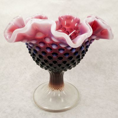 FENTON CRANBERRY OPALESCENT HOBNAIL COMPOTE