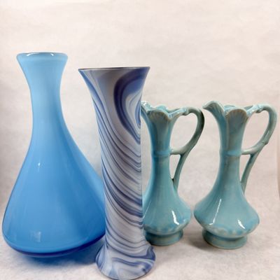MCM BLUE GLASS AND CERAMIC VASES