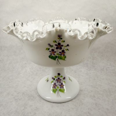 FENTON MILK GLASS VIOLETS COMPOTE, FIELDER