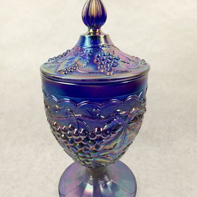 IRIDESCENT BLUE CARNIVAL GLASS COMPOTE, 1970S