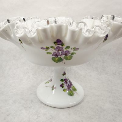FENTON VIOLETS MILK GLASS COMPOTE, 1970S