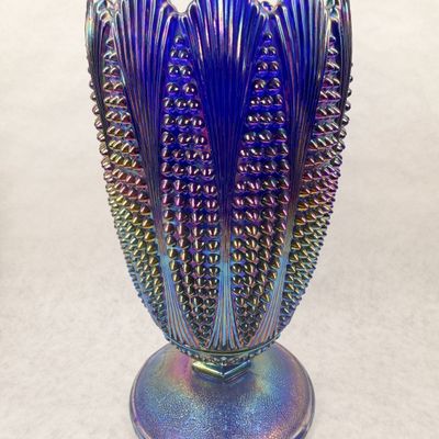 IMPERIAL GLASS BLUE IRIDESCENT CORN VASE