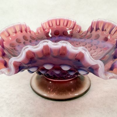 FENTON CRANBERRY OPALESCENT HOBNAIL COMPOTE, 1970S