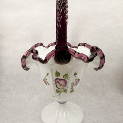 FENTON PANSY MILK GLASS BASKET, 1990S