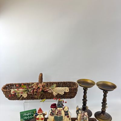 Holiday Decor Lot with Snowman Figurines, Basket, and Candlesticks