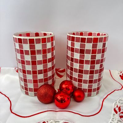 Red and White Mosaic Glass Hurricane Vases with Peppermint Table Runner