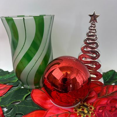 Assorted Christmas Decor Lot with Poinsettia Runner