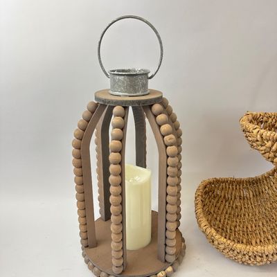 Beaded Wood Lantern with LED Candle & 3-Tier Woven Basket Set