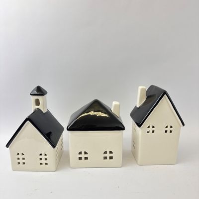 Set of 3 Ceramic Village House Tealight Holders
