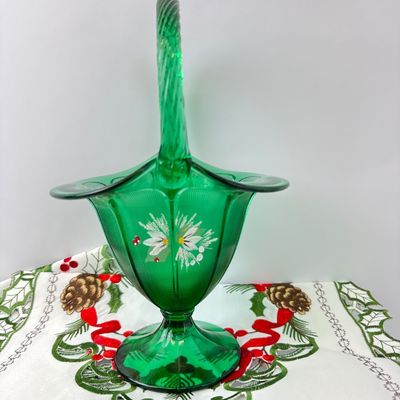 Signed Fenton Hand-Painted Green Glass Basket & Embroidered Christmas Linens