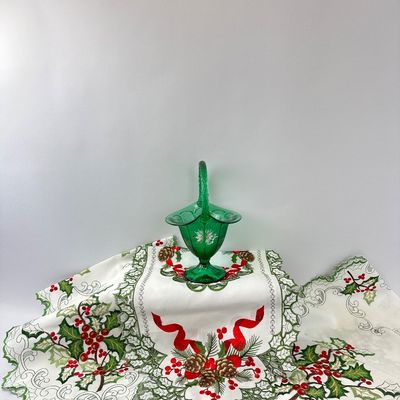 Signed Fenton Hand-Painted Green Glass Basket & Embroidered Christmas Linens