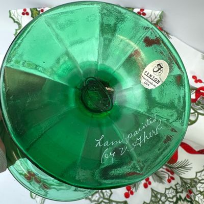 Signed Fenton Hand-Painted Green Glass Basket & Embroidered Christmas Linens