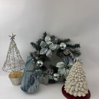 Assorted Christmas Decor Wreath and Tabletop Trees - 4 Pieces