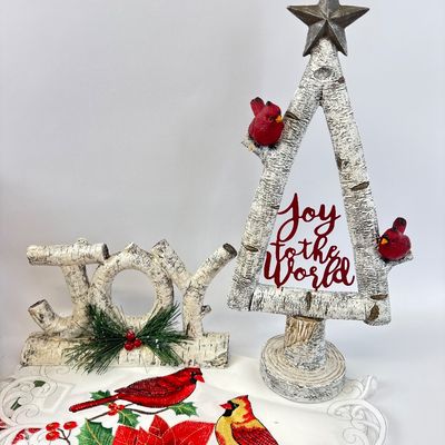 Assorted Christmas Tabletop Decor & Embroidered Runner