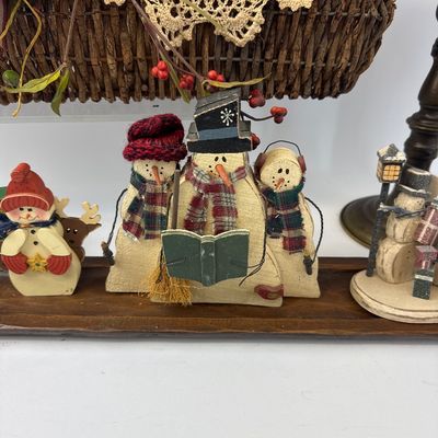 Holiday Decor Lot with Snowman Figurines, Basket, and Candlesticks