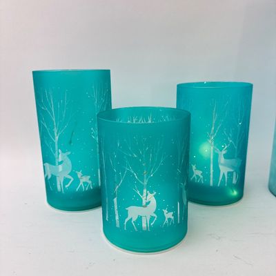 Set of 6 Winter Themed Glass Hurricane Candle Holders