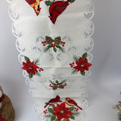 Assorted Christmas Tabletop Decor & Embroidered Runner