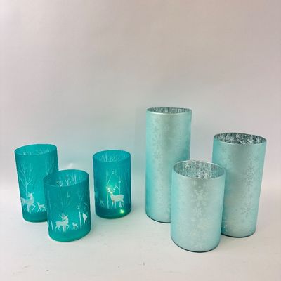 Set of 6 Winter Themed Glass Hurricane Candle Holders