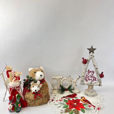 Assorted Christmas Tabletop Decor & Embroidered Runner
