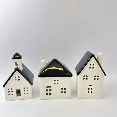 Set of 3 Ceramic Village House Tealight Holders